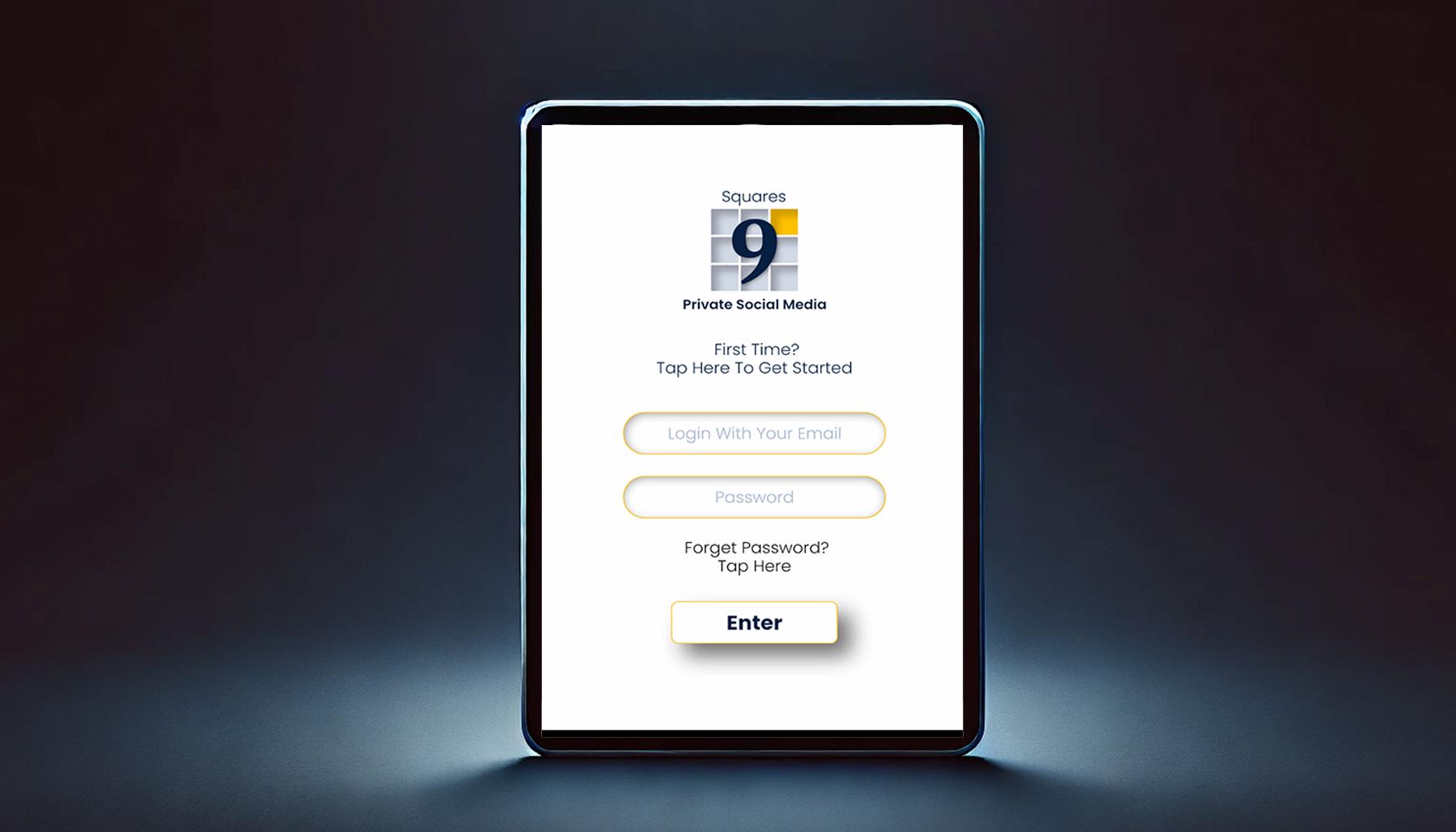 Tablet displaying the Squares 9 login interface